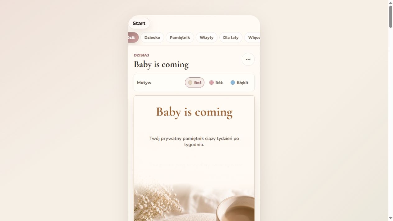 Ekran aplikacji BabyIsComing — prywatnego pamiętnika ciąży